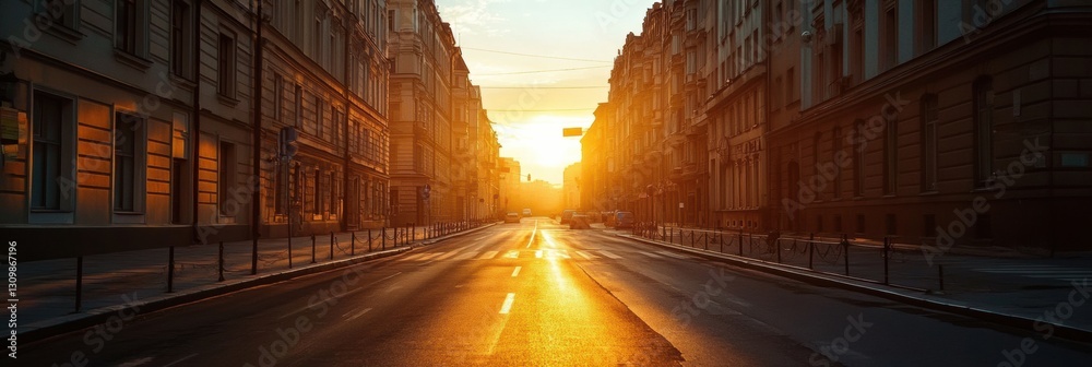Aufkleber sunset light pouring through empty city streets, casting golden reflections on buildings and asphalt
