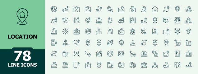 Location vector icon set. Includes thin line here, way, time, app, distance, web, world, position. UI icon set in a thin design. Trendy minimal icons.