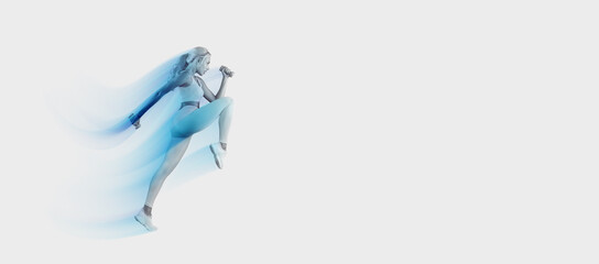 Training Concept. Confident Fit Lady In Sportswear Exercising With Two Dumbbells And Lifting Leg Up, Isolated On Blue Studio Background. Energy And Sports, Full Body Length Side View Profile Portrait