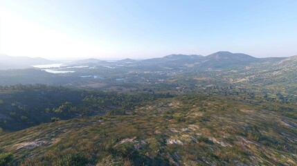 Obraz premium High Angle View of Valley, Mountains, and Lake at Sunrise