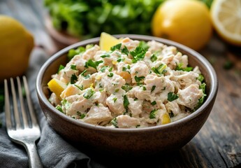 Fresh and Creamy Chicken Salad with Lemon and Parsley, Served in a Rustic Bowl on a Wooden Table Surrounded by Fresh Ingredients