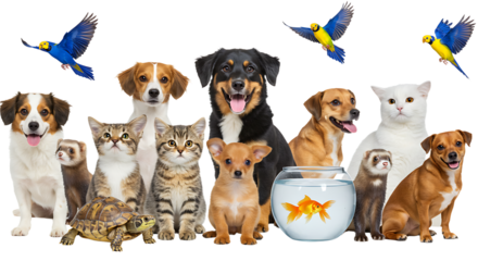 Cute Pets Together in a Playful Arrangement with a Fish Bowl Setting