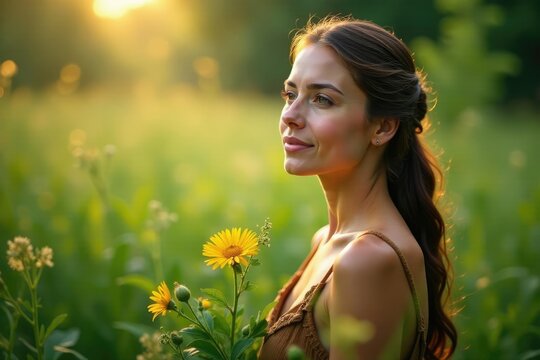 Una mujer en medio de la naturaleza con un ramo de hierbas y flores, flora, botany, herbalism