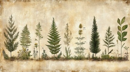 Botanical Illustration of Various Plants on Aged Paper