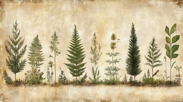 Botanical Illustration of Various Plants on Aged Paper