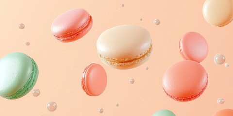 Fototapeta premium Levitating macarons in different colors on a pastel peach background