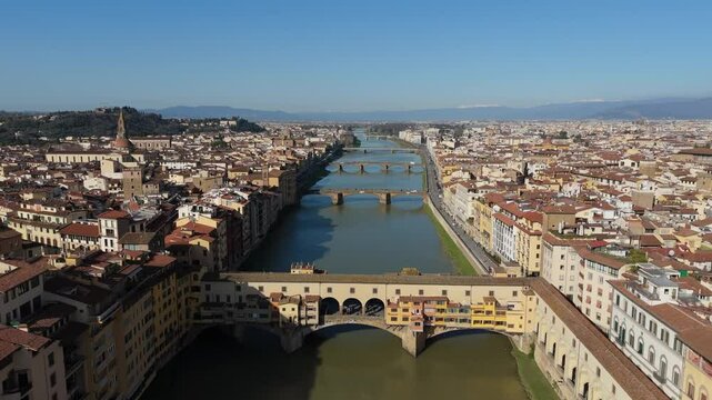 Aerial Footage of River and Pontevecchio in Florence City Center