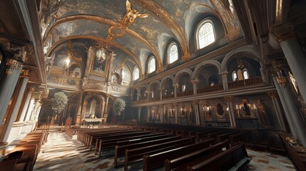 Ornate church interior, sunlight illuminating religious space