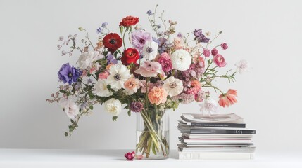 Obraz premium Colorful Floral Arrangement, Books, White Background