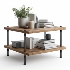 A modern industrial coffee table with a reclaimed wood top and black steel pipe legs, styled with a stack of books and a potted plant , isolated on a white background