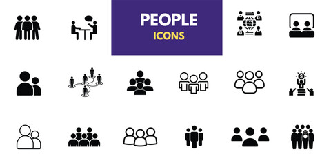 People, human, person thin line icon set. Containing participants, groups, teams, organizations, communities, populations, audiences, and members. Vector illustration