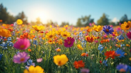 Fototapeta premium Vibrant flower field at sunset