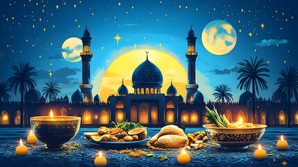 Illuminated Mosque Feast under Night Sky