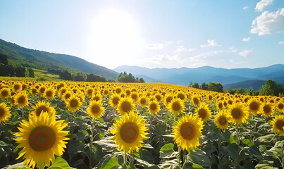 Fototapeta premium Vibrant Sunflower Field Under Bright Blue Sky and Sunlight