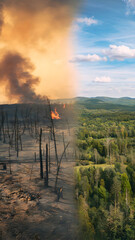 Obraz premium A stark contrast between a devastated forest fire landscape and a lush, green forest thriving in recovery