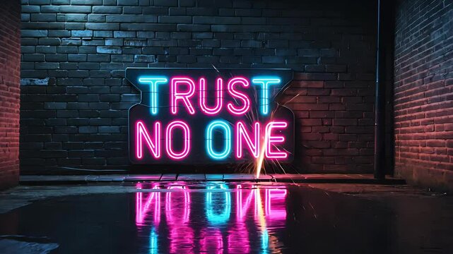 Neon "Trust No One" sign glowing against a dark urban brick wall at night
