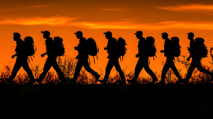 Fototapeta premium Hikers Silhouette Sunset Trek