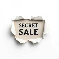 Text sale promotion concept, Secret sale announcement with ripped paper edges revealing text, on white background.