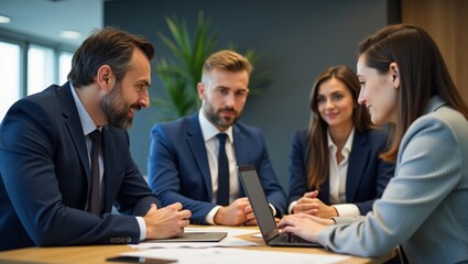 A group of three caucasian business professionals engaged in a meeting around a wooden table in a modern office setting. the group includes a man with dark hair in a suit, leaning forward with hands.