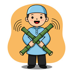 Illustration A boy muslim is holding two bamboo sticks and smiling.