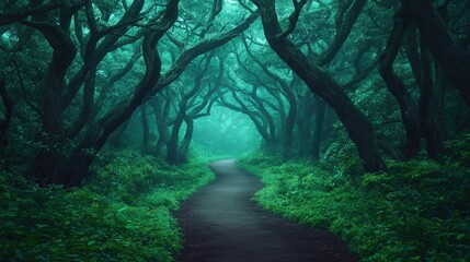 Enchanted Forest Pathway Surrounded by Lush Greenery and Mist