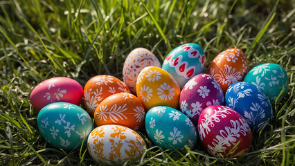 colorful decorated Easter eggs arranged on green grass
