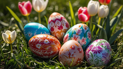 Fototapeta premium beautifully decorated Easter eggs surrounded by tulips in a grassy field