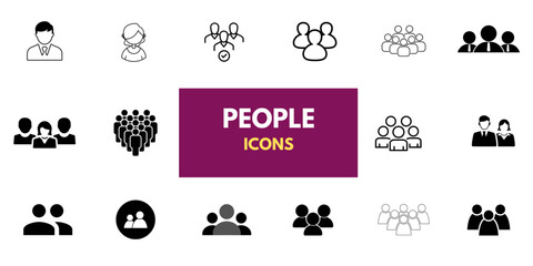 People, human, person thin line icon set. Containing participants, groups, teams, organizations, communities, populations, audiences, and members. Vector illustration