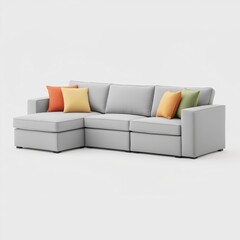 A modular outdoor sectional with weatherproof fabric in a soft grey tone, styled with colorful throw pillows , isolated on a white background