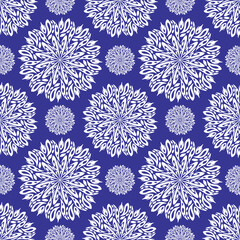blue and white ethnic classic floral  mandala motif seamless pattern for wallpaper and tile