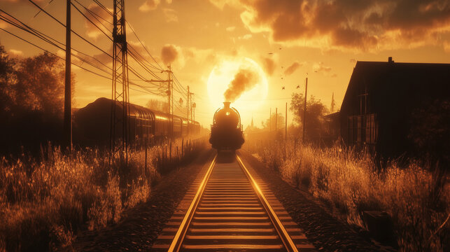 Dramatic sunset over railway tracks with a passing train, capturing the essence of rural landscape and transportation.