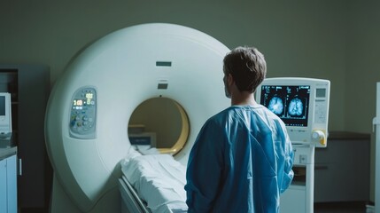 Doctor observes CT scan results with patient in a hospital imaging room