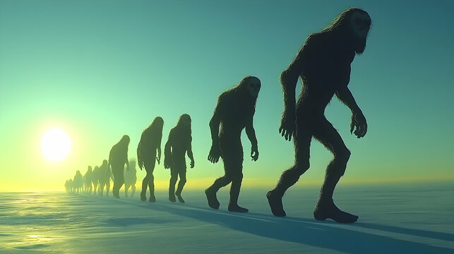 Hominid Evolution Line, Sunrise, Frozen Landscape