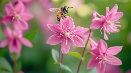 Fototapeta premium Honeybee on Pink Flowers in Garden