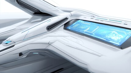 Futuristic cockpit interior close-up with data display against white backdrop