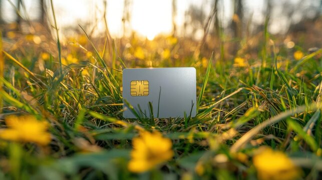 SIM card nestled in a vibrant grassy field at sunset.  Nature and technology meet in this peaceful scene.