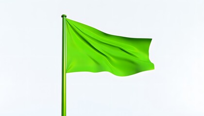 A bright green flag waves on a pole against a white background