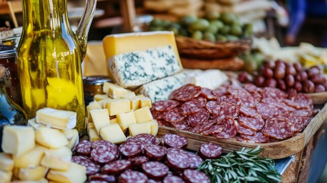 Freshly displayed local cheeses and cured meats draw customers at a lively farmers market. The rich colors and enticing aromas create a welcoming atmosphere for visitors exploring local flavors
