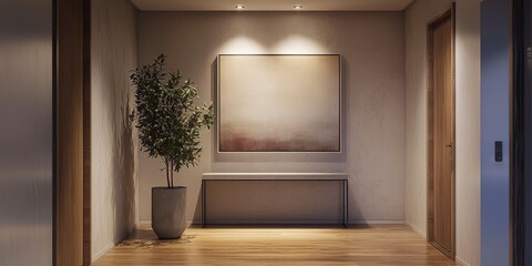 Minimalist hallway with a sleek console table, abstract artwork, and soft lighting