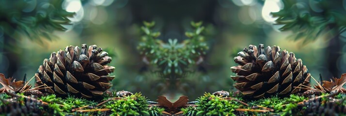 Obraz premium Pine cones on a mossy forest floor with soft bokeh lighting, symmetric composition