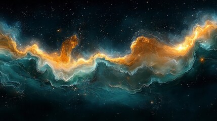 Cosmic Nebula Displaying Amber Orange and Emerald Green Hues in Deep Space and Beyond Its Edges. ,A Majestic Abstract Art Piece. A Vibrant and Dynamic Texture.  A Stunningly Beautiful, Ethereal, and