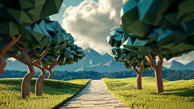A low poly environment with a stylized forest path surrounded by geometric trees and a distant mountain range. A video game world.