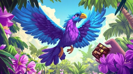 Obraz premium Tropical bird receiving chocolate; lush background, game art