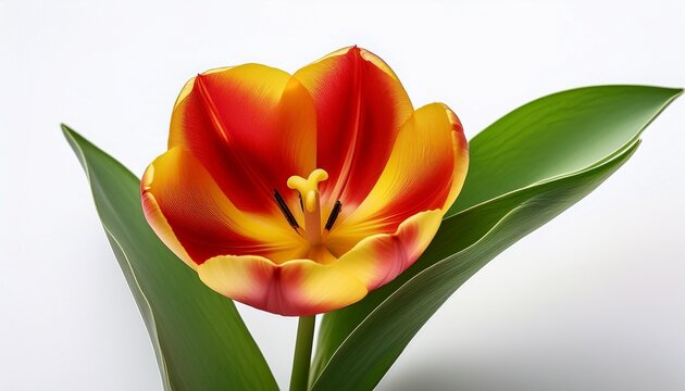 one bright colorful yellow red flower tulip monsella close up with green leaves on a white isolated background