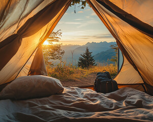 Sunrise view from inside a tent, showing beige fabric, bedding, and a backpack.  Represents peaceful mornings, adventure, and outdoor relaxation