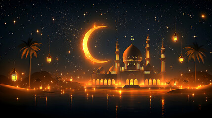 Naklejka premium Illuminated Mosque at Night, Desert Oasis