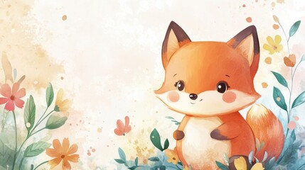 Obraz premium A charming watercolor illustration of a happy little fox in nature