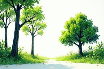 Fototapeta premium Empty forest on white background with a single tree, woods, green, foliage