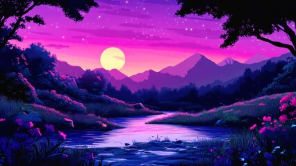 Retro 80s synthwave landscape with neon sunset vibrant retrowave river scene purple and pink aesthetic background