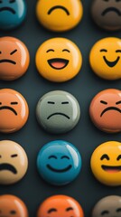 Assorted colorful emotion buttons arranged on dark background